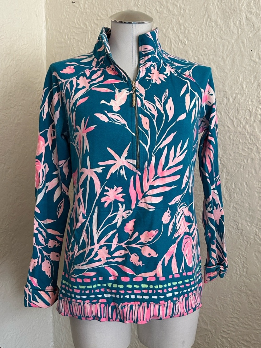 Lilly Pulitzer Skipper Popover Tidal Wave It’s Prime Time Teal Pink Quarter Zip - Picture 2 of 10